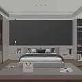 Modern Minimalist Double Bed With Stylish Headboard Decorative Pillows And Striped Rug