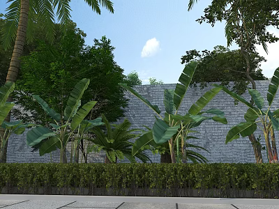 Municipal Road Surrounded by Palm Trees Green Trees and Gray Brick Wall with Hedge 3d model