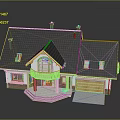 Classic House Exterior With Black Roof Yellow Trim Chimneys Steps Porch And Wooden Garage Door