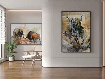 Animal Paintings Of Fighting Bulls In Watercolor For Modern Interior Wall Decor 3d model