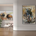 Animal Paintings Of Fighting Bulls In Watercolor For Modern Interior Wall Decor