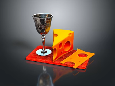 Yellow Cheese Slices with Holes on Red Mat and Silver Goblet 3d model
