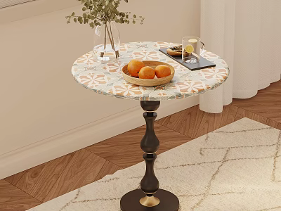 Retro Floral Tile Top Side Table With Classic Wood Base For Cozy Home Decoration 3d model
