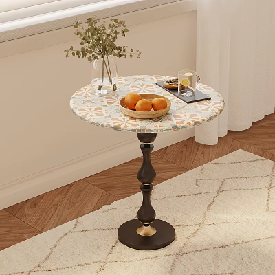 Retro Floral Tile Top Side Table With Classic Wood Base For Cozy Home Decoration 3d model