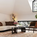 Modern Interior Design With Beige Sofa Round Coffee Table Large Green Plant And Geometric Rug