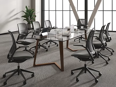 Modern Conference Table With Glass Top Wooden Legs And Black Office Chairs Near Large Windows 3d model