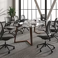 Modern Conference Table With Glass Top Wooden Legs And Black Office Chairs Near Large Windows