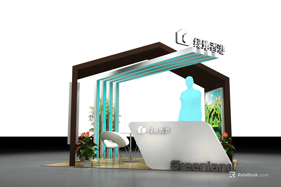 Greenland Exhibition Booth Design With Roof Structure Reception Desk And Plants Standee 3d model 