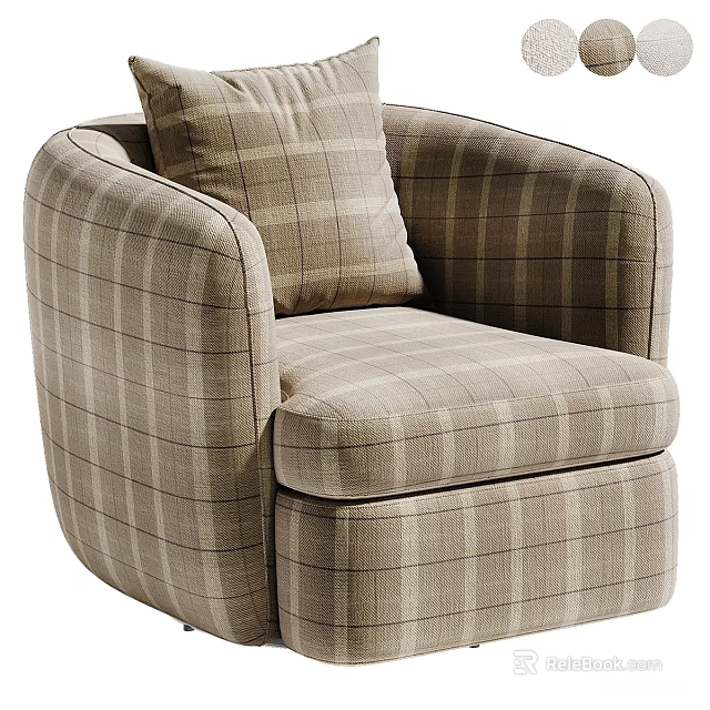 Soft Beige Plaid Fabric Upholstered Single Sofa With Matching Thick Cushion For Cozy Home Relaxation 3d model 