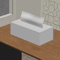 White Plastic Tissue Box Holder On Wooden Table With Window Blinds And Geometric Wall Art