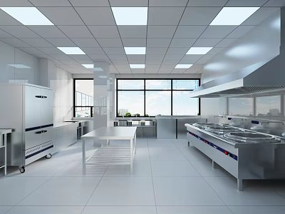 Spacious Commercial Kitchen Interior With Stainless Steel Equipment Large Windows And White Tiled Floor 3d model