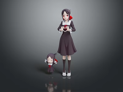 Game Movie Character With Mini Companion In Dark Dress Red Accents Holding Heart Object Standing 3d model