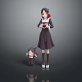 Game Movie Character With Mini Companion In Dark Dress Red Accents Holding Heart Object Standing