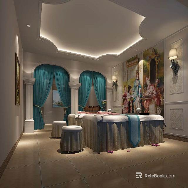 Elegant SPA Sauna Room Interior With Massage Beds Blue Curtains Arched Doors And Decorative Paintings 3d model 