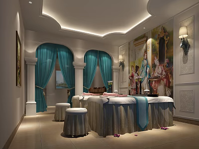 Elegant SPA Sauna Room Interior With Massage Beds Blue Curtains Arched Doors And Decorative Paintings 3d model