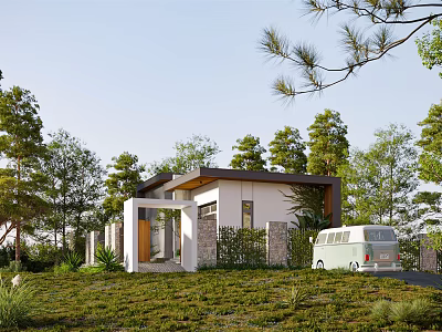 Modern Single Family Home Surrounded by Trees Green Lawn and Vintage Van in Driveway 3d model
