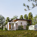Modern Single Family Home Surrounded by Trees Green Lawn and Vintage Van in Driveway