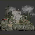 Miniature Scenic Landscape With Small House Red Car Pine Trees Mist And Rock Base