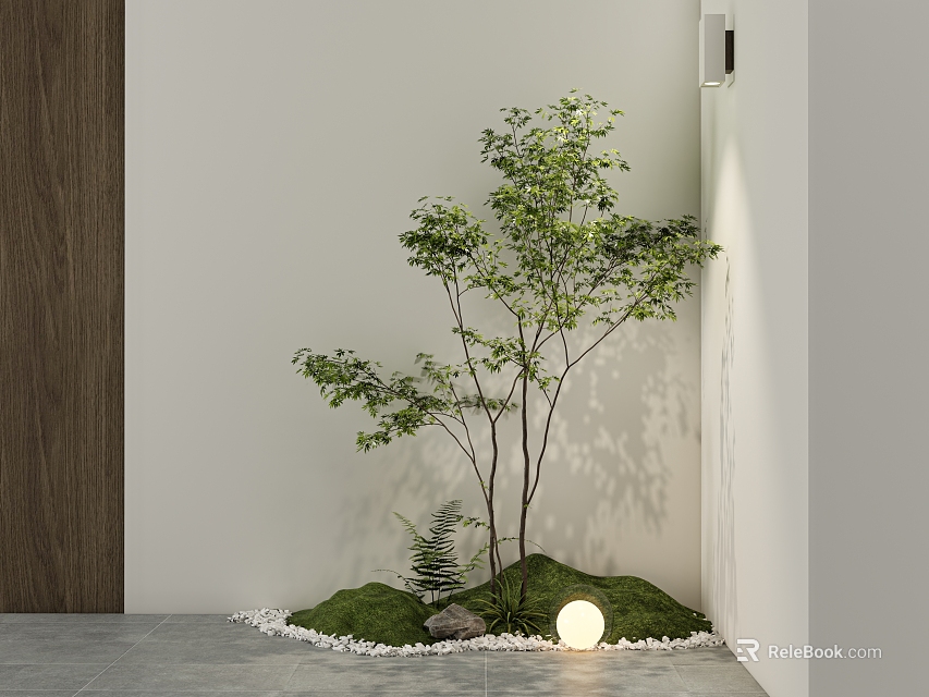 Indoor Landscape Corner Featuring Tree Green Moss White Pebbles Round Lamp And Wooden Door 3d model 