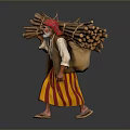 Man Carrying Firewood Bundle Wearing Traditional Headscarf And Striped Lungi Walking