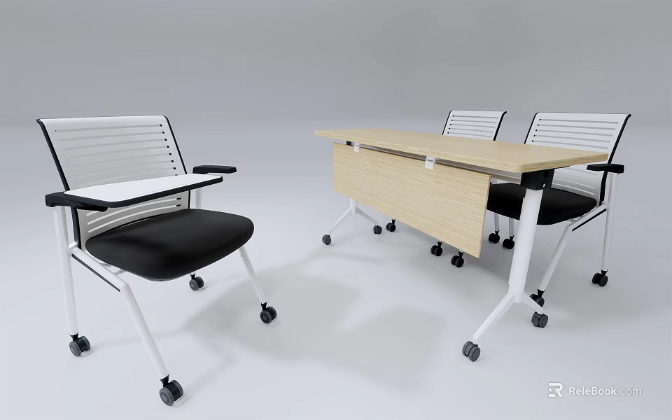 Modern Office Desk With Wooden Top And White Frame Paired With Rolling Chairs 3d model 