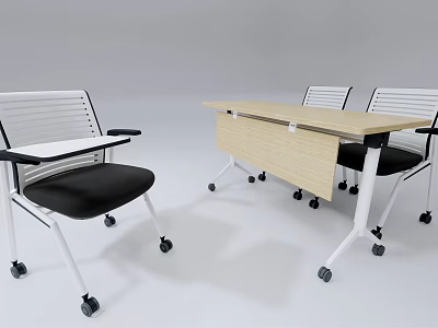 Modern Office Desk With Wooden Top And White Frame Paired With Rolling Chairs 3d model