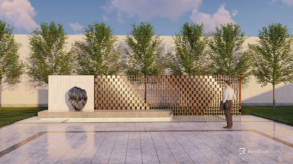 Elegant Modern Landscape Feature Wall With Geometric Design Sculpture Trees And Paved Ground 3d model 