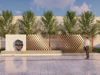 Elegant Modern Landscape Feature Wall With Geometric Design Sculpture Trees And Paved Ground 3d model