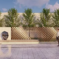 Elegant Modern Landscape Feature Wall With Geometric Design Sculpture Trees And Paved Ground
