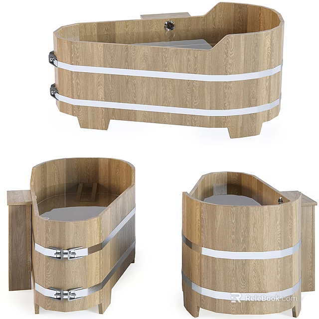 Natural Modern Wooden Washbasin With Metal Strips And Three Angle Designs 3d model 