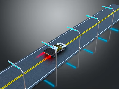 White Car Driving On Road With Yellow Lines And Blue Streetlights 3d model