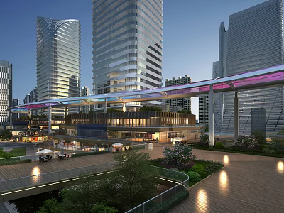 Modern Commercial Complex With Tall Glass Buildings Illuminated Overpass Connecting Buildings And Evening Greenery Landscape 3d model