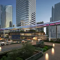 Modern Commercial Complex With Tall Glass Buildings Illuminated Overpass Connecting Buildings And Evening Greenery Landscape