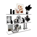 Modern Decorative Ornament Set with Picture Frames Vases and Plant Decor on Three Tiered Shelf