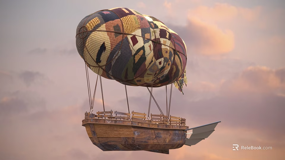 Vibrant Colorful Striped Hot Air Balloon With Wooden Basket Flying In Sunset Sky 3d model 