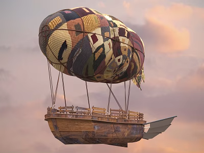 Vibrant Colorful Striped Hot Air Balloon With Wooden Basket Flying In Sunset Sky 3d model