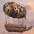 Vibrant Colorful Striped Hot Air Balloon With Wooden Basket Flying In Sunset Sky