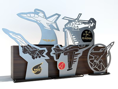Aviation Themed Metal Trophies Featuring Airplane Helicopter Designs and Brand Logos 3d model