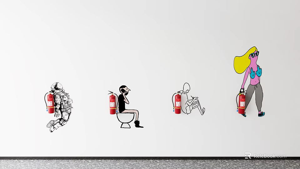 Fire Equipment Featuring Fire Extinguishers With People In Different Poses On Wall 3d model 