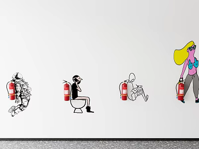 Fire Equipment Featuring Fire Extinguishers With People In Different Poses On Wall 3d model
