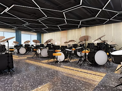 School Drum Practice Room With Multiple Drum Sets Ceiling Design And Textured Flooring 3d model