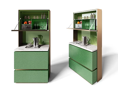 Modern Green Sideboard With Marble Top Open Shelves Drawers Kettle And Glasses 3d model