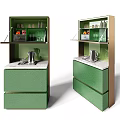 Modern Green Sideboard With Marble Top Open Shelves Drawers Kettle And Glasses