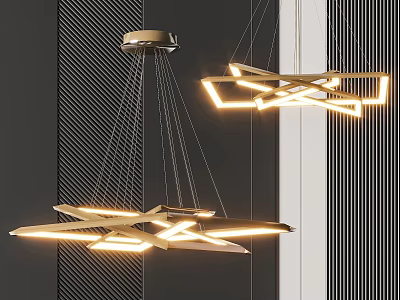 Modern Geometric Illuminated Chandelier With Sleek Metal Structure And Dark Wall Background 3d model