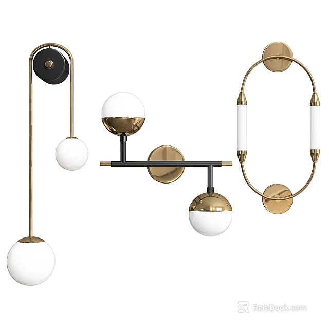 Modern Wall Lamps Design With Black Gold Metal Frame And White Globe Shades 3d model 