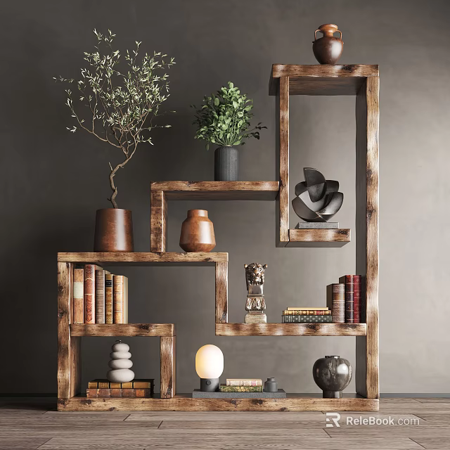Wooden Decorative Cabinet With Multiple Shelves Plants Books Decorations And Lamp 3d model 