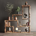 Wooden Decorative Cabinet With Multiple Shelves Plants Books Decorations And Lamp