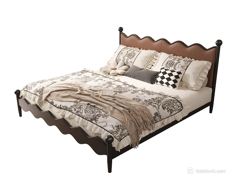 Double Bed With Dark Wood Frame Scalloped Headboard Floral Bedding And Checkered Pillow Blanket 3d model 