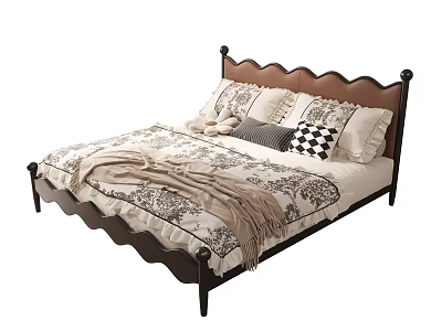 Double Bed With Dark Wood Frame Scalloped Headboard Floral Bedding And Checkered Pillow Blanket 3d model