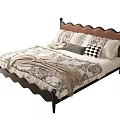 Double Bed With Dark Wood Frame Scalloped Headboard Floral Bedding And Checkered Pillow Blanket